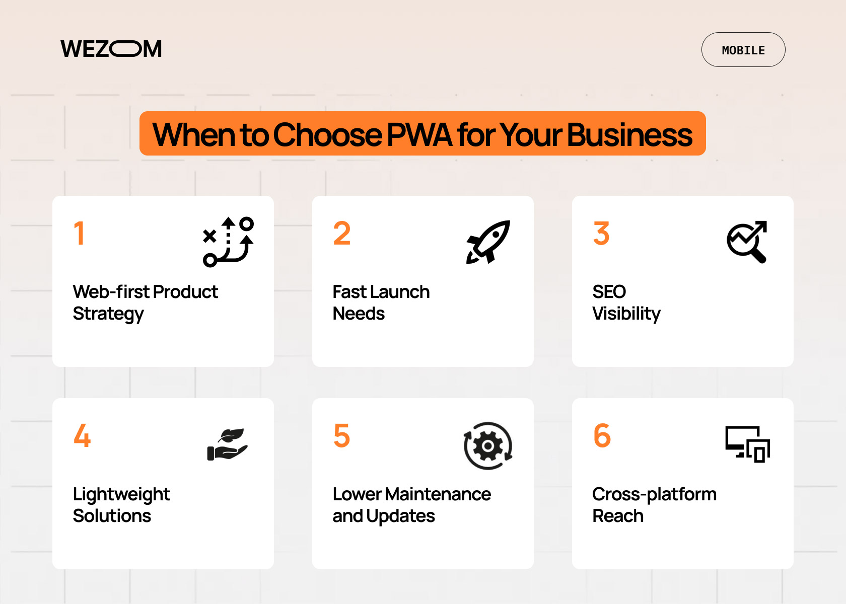 When to choose PWA for business highlighting web-first strategy, fast launch, SEO visibility, lightweight solutions, lower maintenance, and cross-platform reach